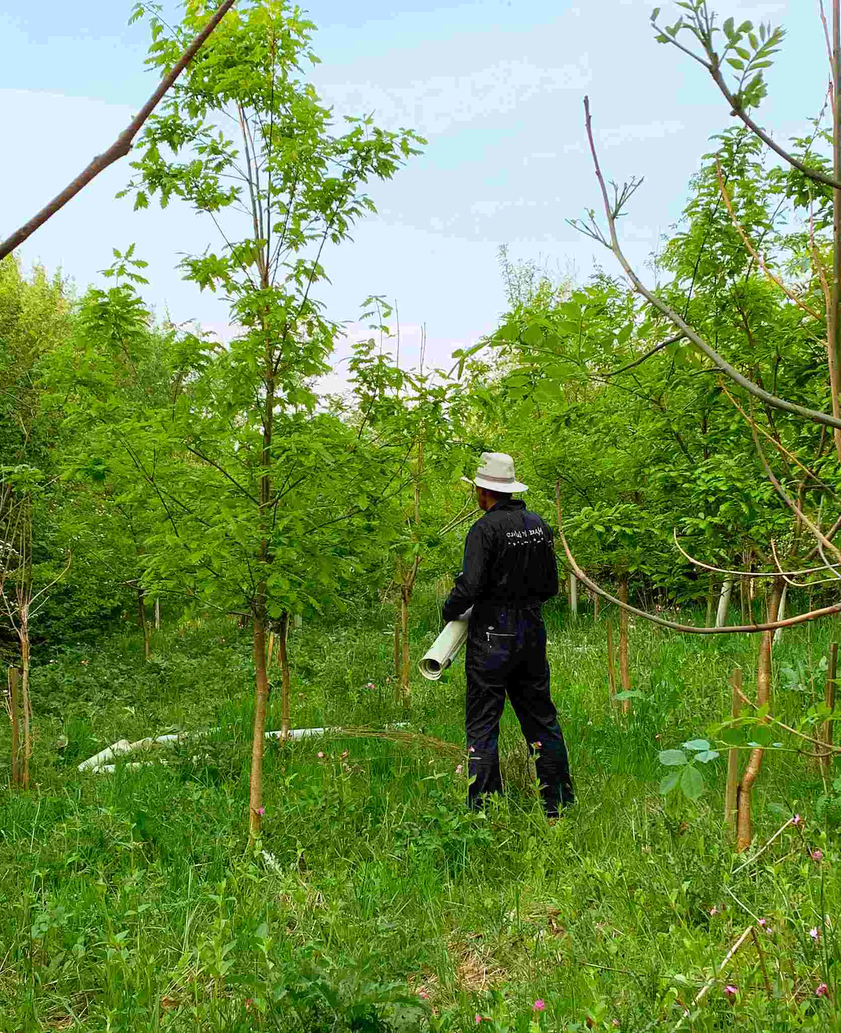 man-worker-in-branded-uniform-in-a-green-field-with-trees